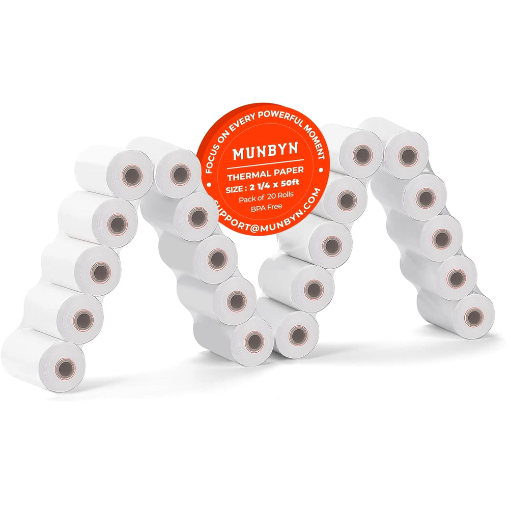 MUNBYN 2 1/4" x 50' Thermal Paper (20 Rolls) BPA Free Receipt Paper, 58mm Refill